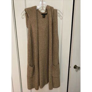 Tahari Cardigan Vest Women Size M Dark Beige Hooded Longline Pockets Sleeveless